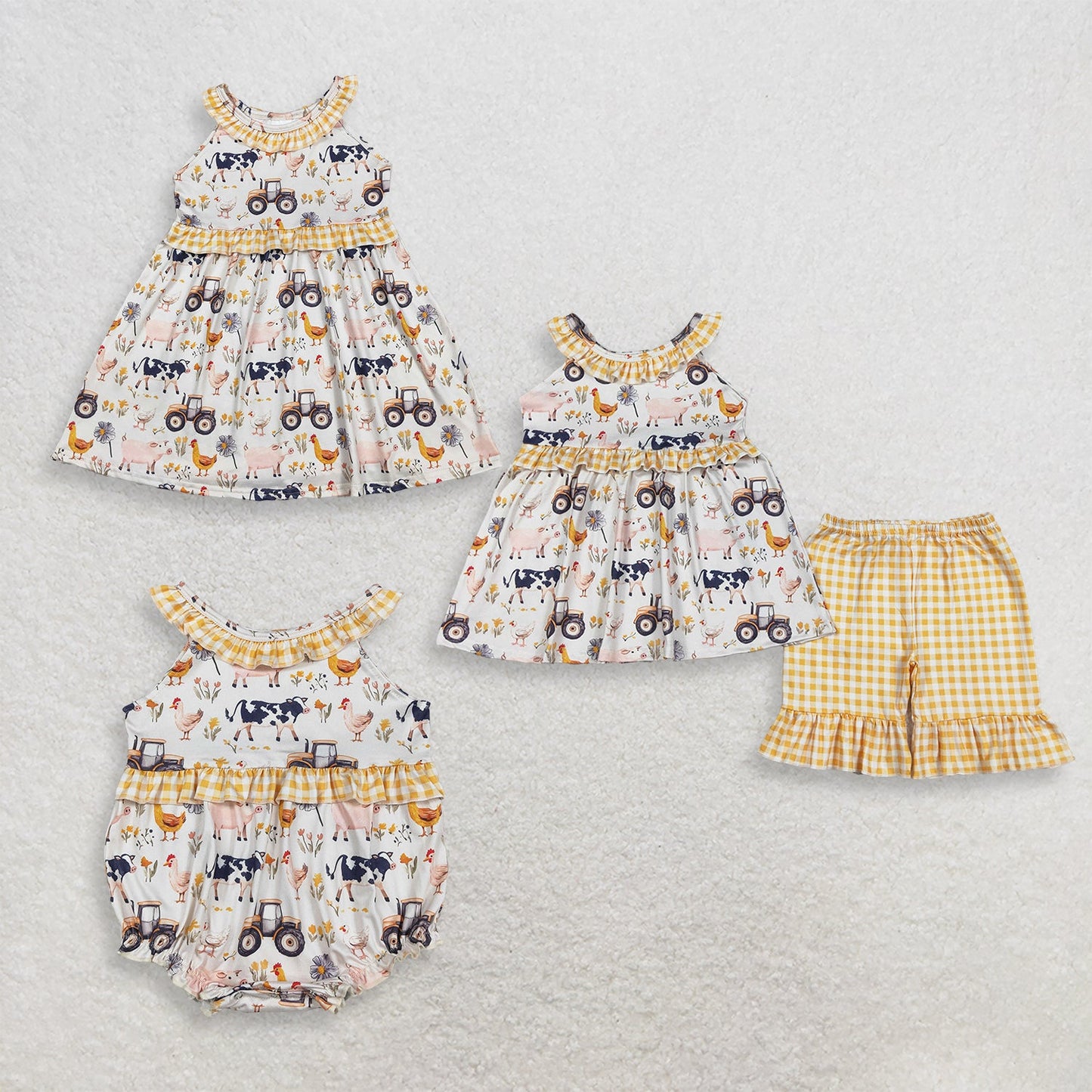 Sibling Baby Girls Kids Farm Animals Tractors Tops Shorts Set Dress Romper Summer Clothes