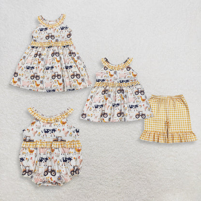 Sibling Baby Girls Kids Farm Animals Tractors Tops Shorts Set Dress Romper Summer Clothes