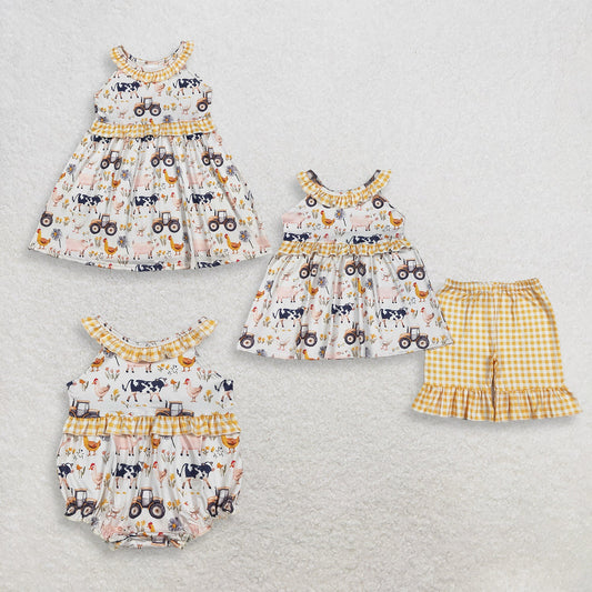Sibling Baby Girls Kids Farm Animals Tractors Tops Shorts Set Dress Romper Summer Clothes