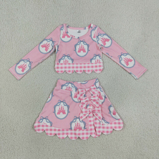 Baby Girls Stripes Castles Scallop Tops Bows Skirt Shorts Set Yoga Active Pink Clothes