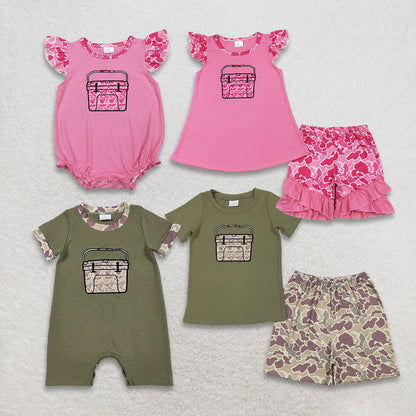 RTS Sibling Baby Boys Girls Short Sleeves Embroidery Box Camo Hunting Clothes Rompers Sets