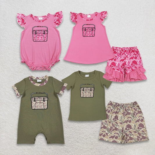 RTS Sibling Baby Boys Girls Short Sleeves Embroidery Box Camo Hunting Clothes Rompers Sets