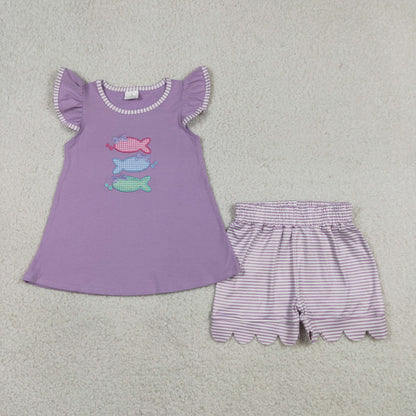 GSSO3242 Baby Girls Kids Short Sleeves Embroidery Fish Purple Tops Scallop Stripes Shorts Summer Set