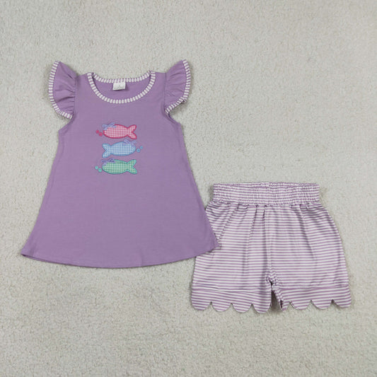 GSSO3242 Baby Girls Kids Short Sleeves Embroidery Fish Purple Tops Scallop Stripes Shorts Summer Set