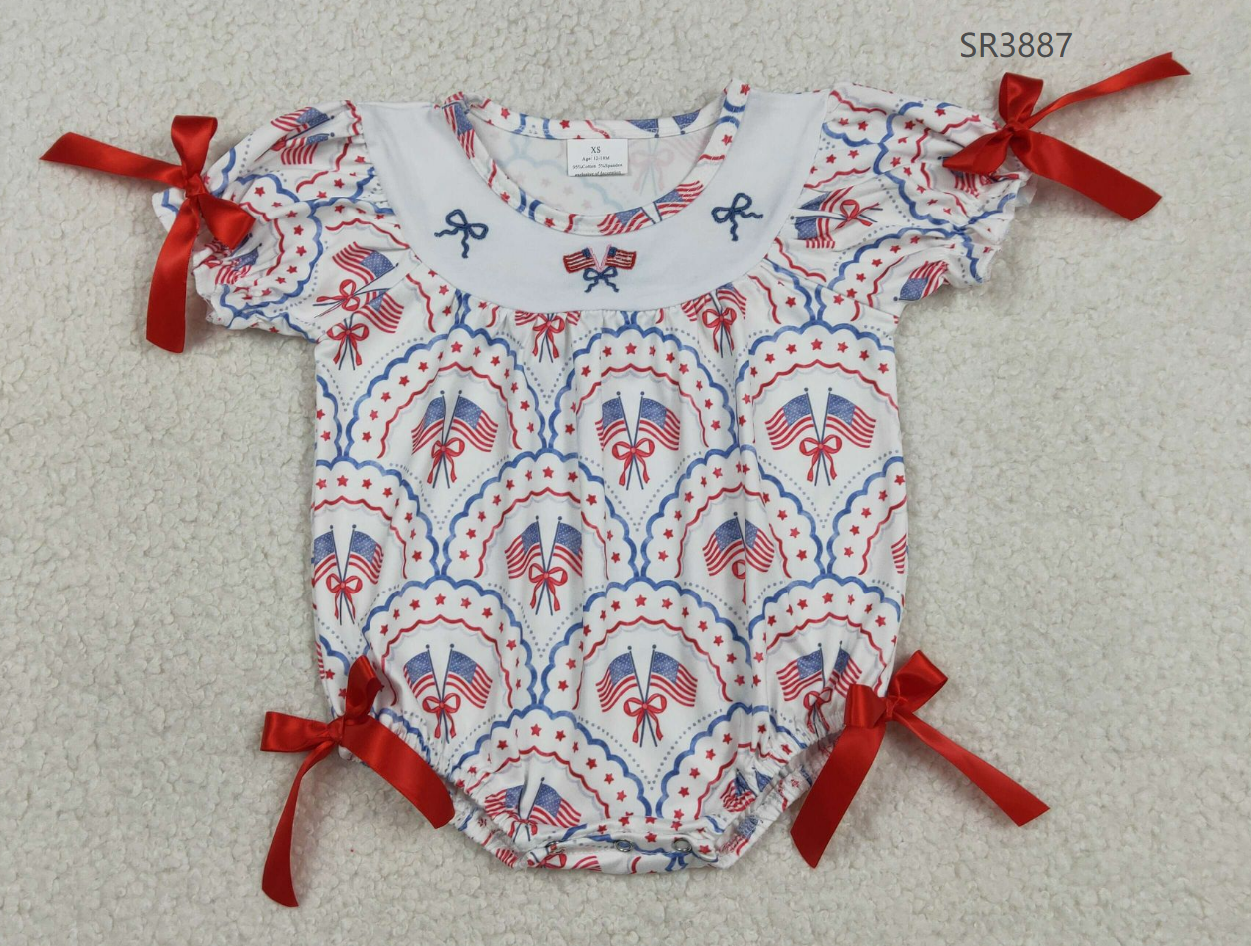 RTS Sibling Baby Girls Kids Short Sleeves Embroidery Flags Bows Stars 4th of July Romper Dress