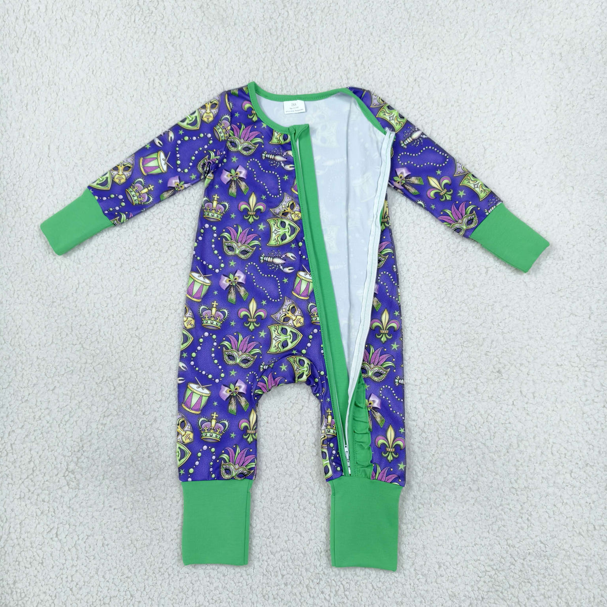 Baby Girls Kids Masks Bows Mardi Gras Zipper Footie Sleeper Romper Clothes