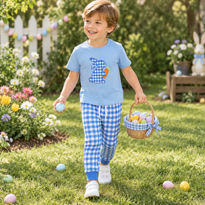 Baby Boys Kids Embroidery Rabbit Carrot Shirt Blue Plaid Pockets Pants Easter Set RTS