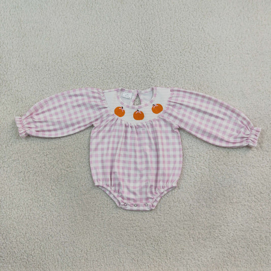Baby Girls Infant Long Sleeves Embroidery Pumpkins Bows Plaid Smocked Romper Clothes
