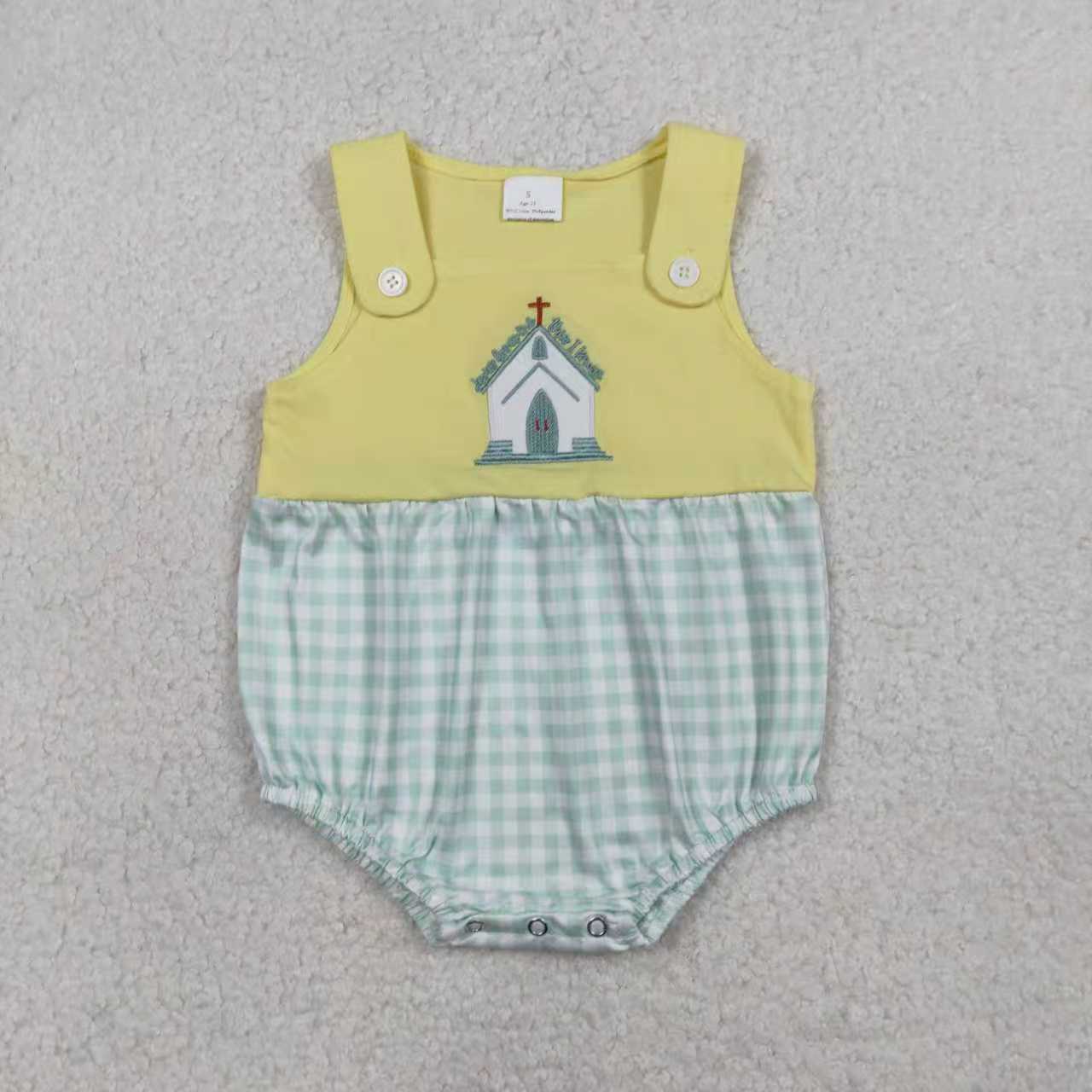 RTS Sibling Baby Boys Girls Embroidery Cross Jesus Green Plaid Easter Rompers Sets