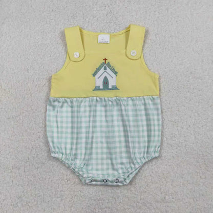 RTS Sibling Baby Boys Girls Embroidery Cross Jesus Green Plaid Easter Rompers Sets