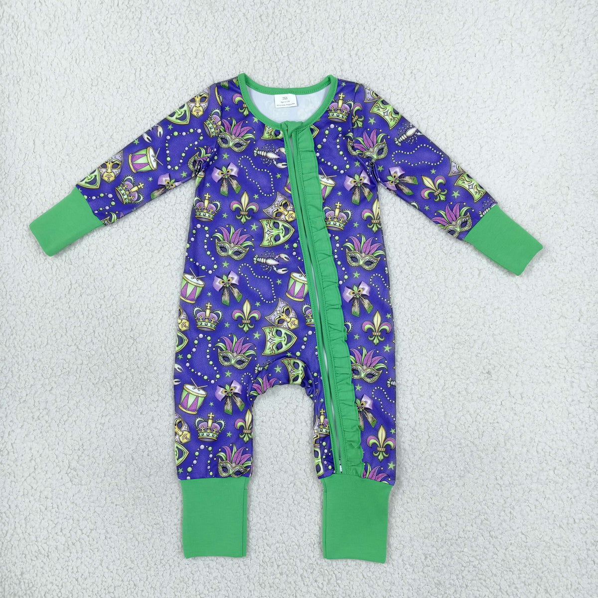 Baby Girls Kids Masks Bows Mardi Gras Zipper Footie Sleeper Romper Clothes