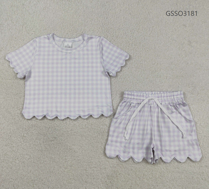 Baby Girls Kids Short Sleeves Plaid Shirt Scallop Shorts Purple Clothes Set RTS