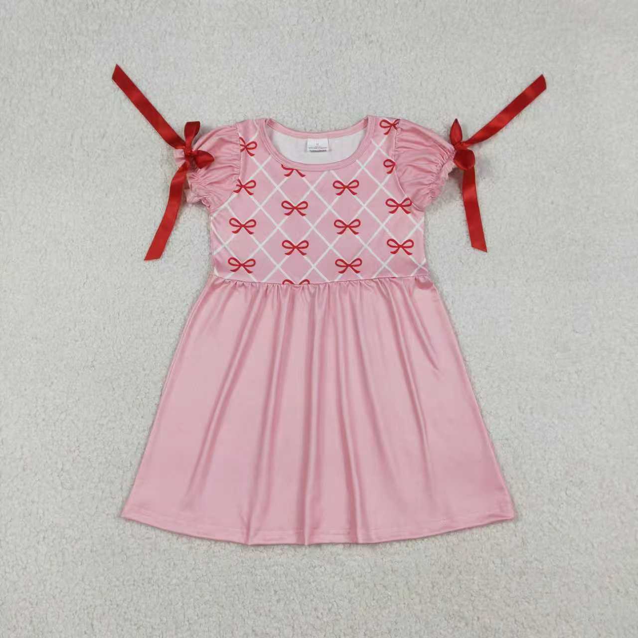Sibling Baby Girls Kids Short Sleeves Bows Pink Bubble Romper Knee Length Dress