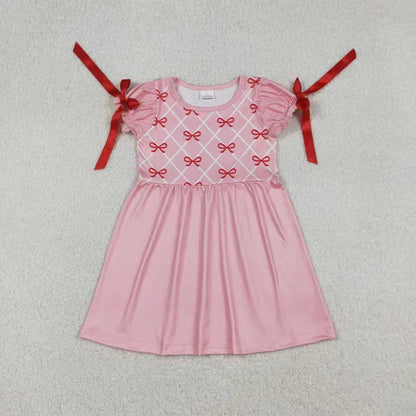 Sibling Baby Girls Kids Short Sleeves Bows Pink Bubble Romper Knee Length Dress