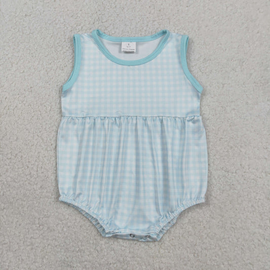 RTS Baby Boys Infant Blue Plaid Sleeveless Summer Bubble Romper