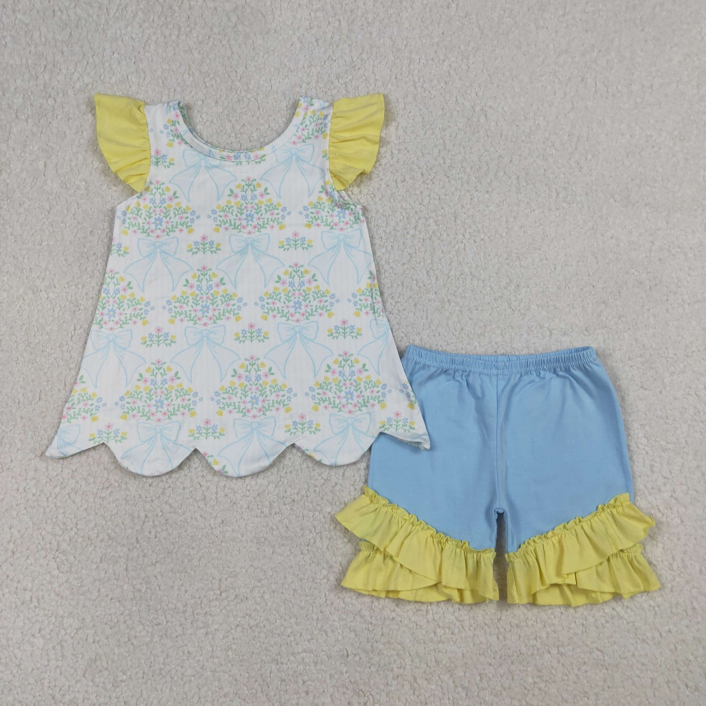 RTS Baby Girls Short Sleeves Bows Floral Tunic Ruffle Blue Shorts Clothes Set