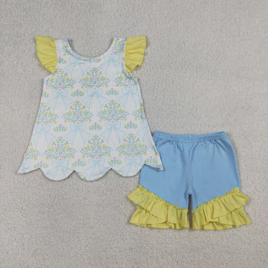 RTS Baby Girls Short Sleeves Bows Floral Tunic Ruffle Blue Shorts Clothes Set