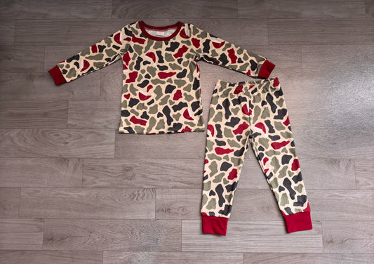 No moq Preorder Baby Boys Kids Long Sleeves Green Red Camo Shirt Pants Set Pajamas Clothes
