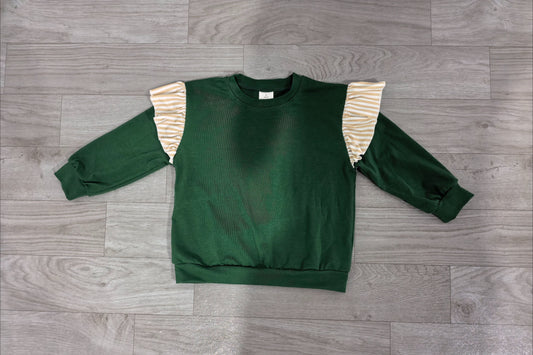 No moq Preorder Baby Girls Toddler Stripes Ruffle Long Sleeves Green Shirt Cotton Clothes