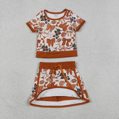Sibling Baby Girls Toddler Short Sleeves Bows Football Team Shirts Shorts Yoga Sets