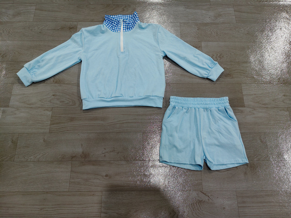 No moq Preorder Baby Girls Kids Long Sleeves Zipper Pullover Pockets Shorts Blue Set Cotton Clothes
