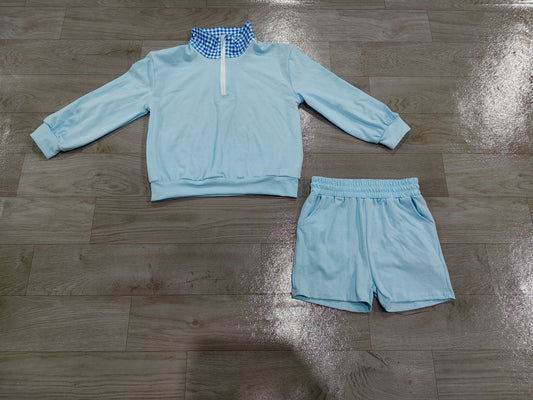 No moq Preorder Baby Girls Kids Long Sleeves Zipper Pullover Pockets Shorts Blue Set Cotton Clothes