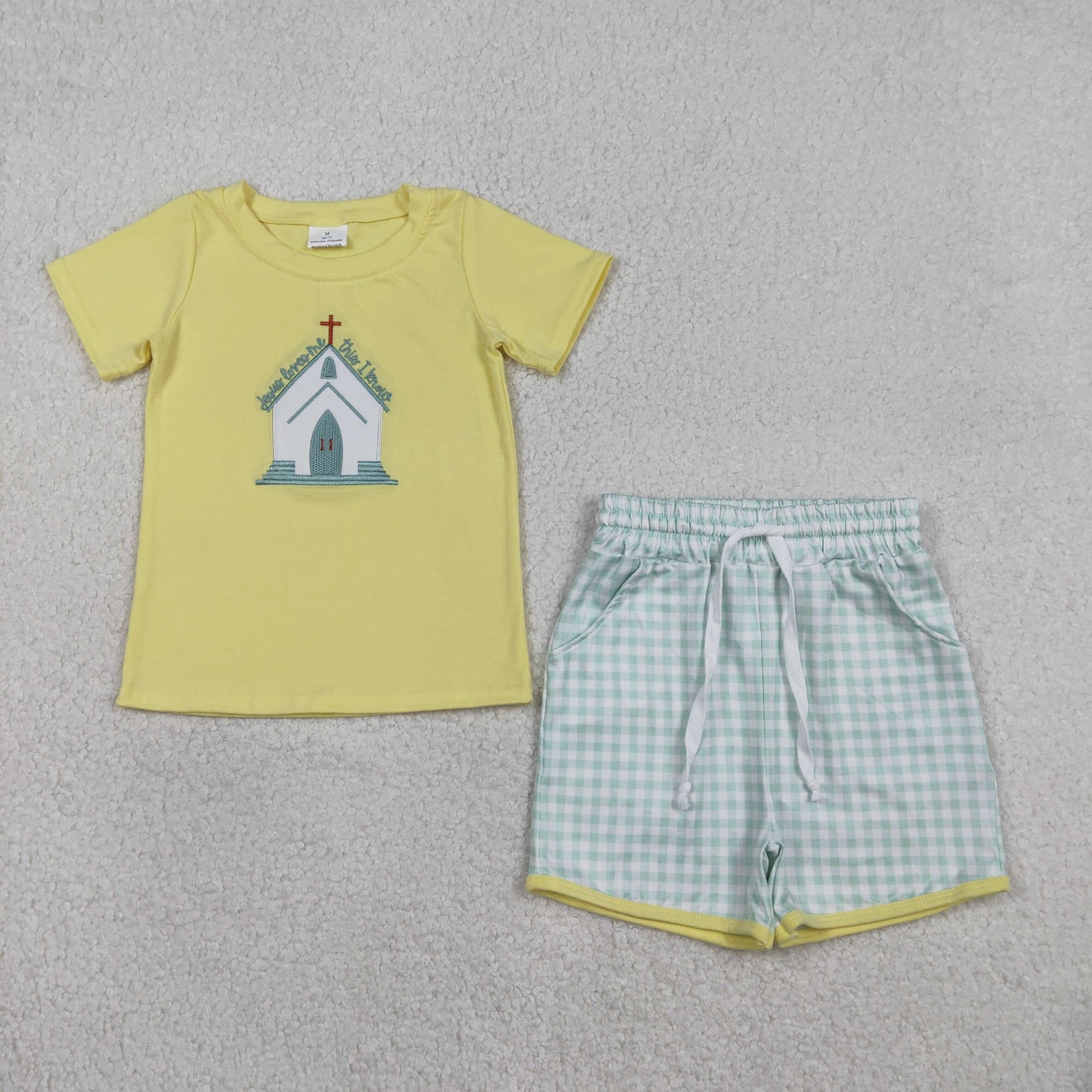 Baby Boys Short Sleeves Embroidery Cross Jesus Shirt Plaid Pockets Shorts Easter Set