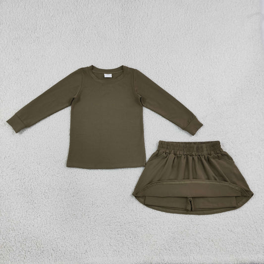 Baby Girls Kids Long Sleeves Olive Shirt Pockets Skirt Shorts Cotton Set Clothes