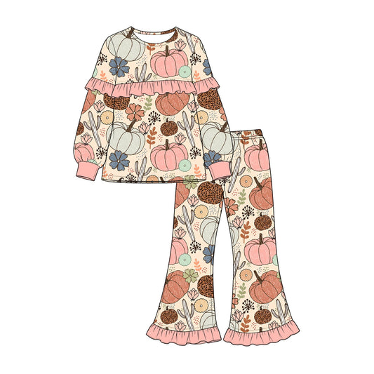 Moq 5 Preorder Baby Girls Kids Pumpkins Flower Cactus Tops Ruffle Pants Set Fall Clothes