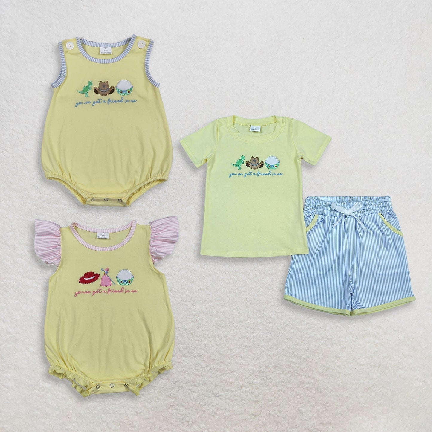 Sibling Baby Boys Girls Kids Short Sleeves Cartoon Rompers Set Embroidery Clothes