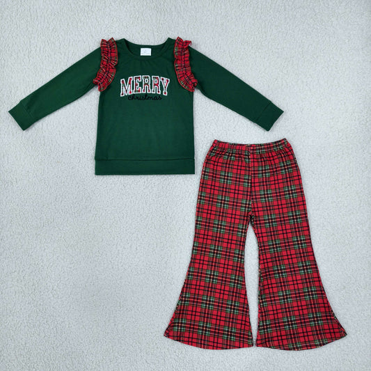 Baby Girls Kids Embroidery Merry Christmas Green Tops Plaid Pants Set Clothes