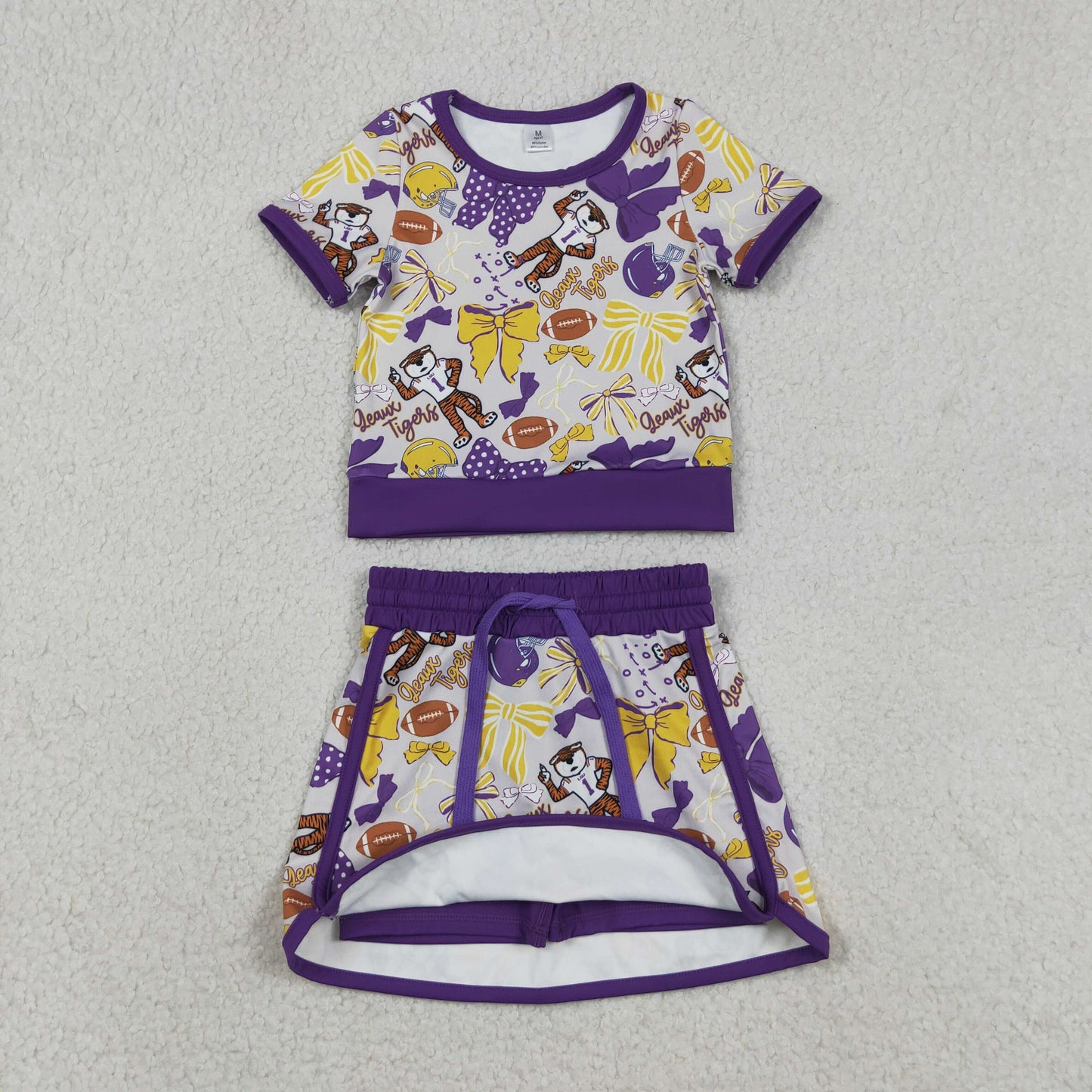 Sibling Baby Girls Toddler Short Sleeves Bows Football Team Shirts Shorts Yoga Sets