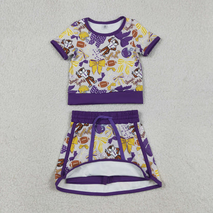 Sibling Baby Girls Toddler Short Sleeves Bows Football Team Shirts Shorts Yoga Sets