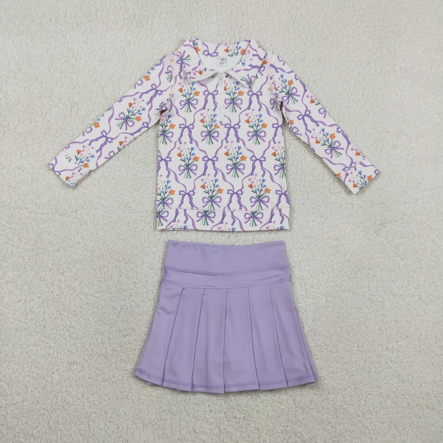 RTS Baby Girls Floral Bows Zipper Shirt Shorts Skirt Skort Yoga Active Purple Clothes Set