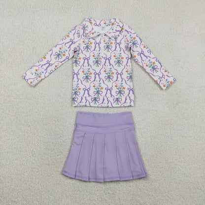 RTS Baby Girls Floral Bows Zipper Shirt Shorts Skirt Skort Yoga Active Purple Clothes Set