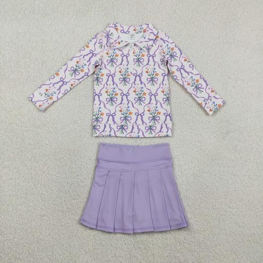 RTS Baby Girls Floral Bows Zipper Shirt Shorts Skirt Skort Yoga Active Purple Clothes Set