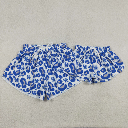 Sibling Family Kids Girls Adult Women Blue Leopard Yoga Team Shorts Bottoms