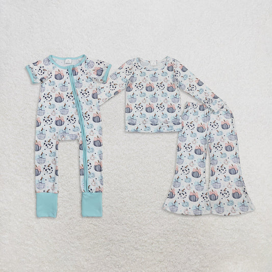 Sibling Baby Girls Kids Pumpkins Bows Shirt Bell Pants Fall Set Zipper Romper Clothes