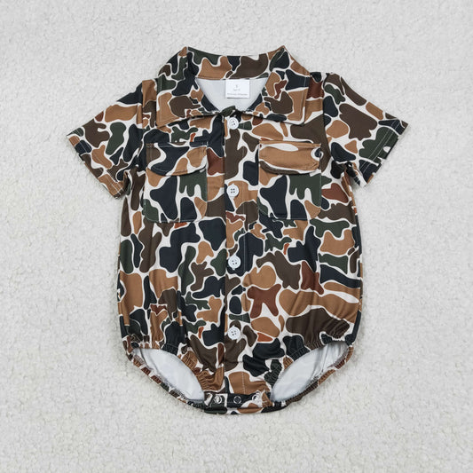 Baby Boys Short Sleeves Brown Green Camo Pockets Buttons Romper