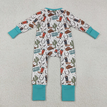 Baby Boys Long Sleeves Boots Cactus Cowboy Zipper Footie Sleeper Romper