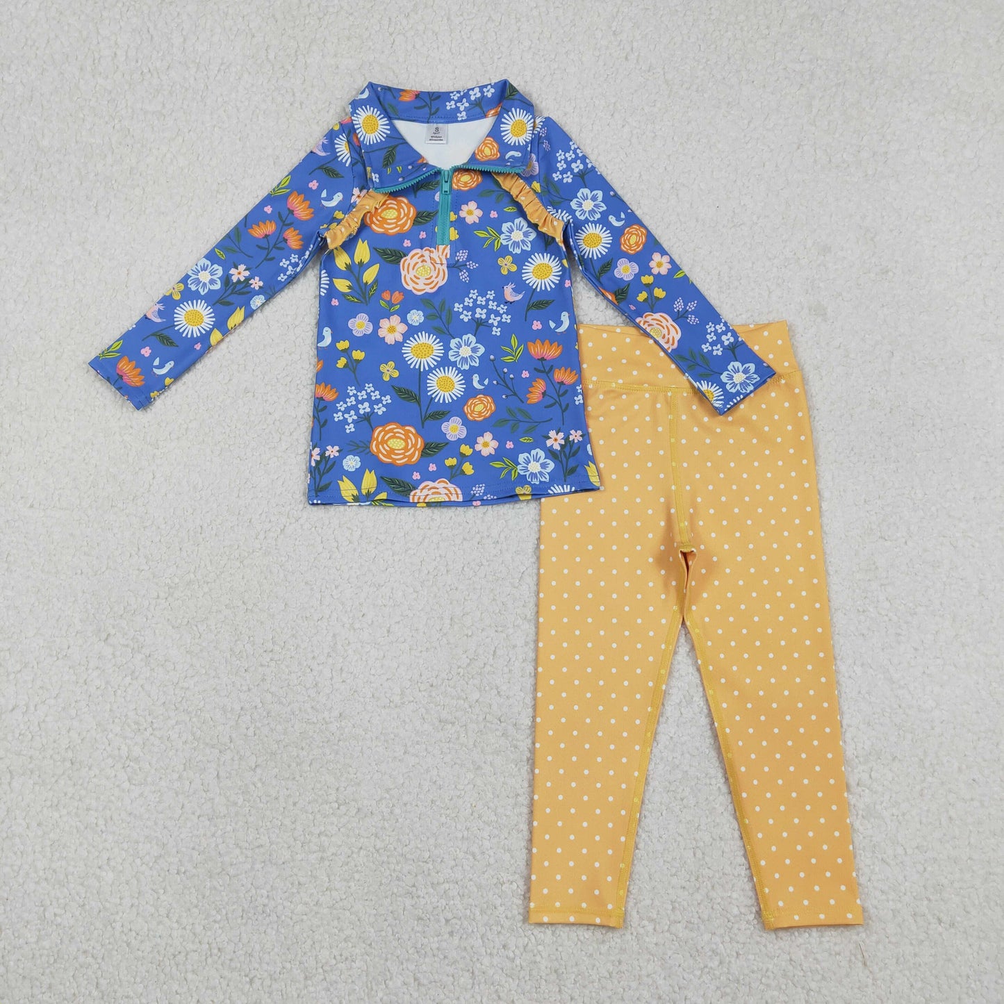 Baby Girls Kids Flowers Zipper Blue Pullover Dots Pants Yoga Active Clothes Set
