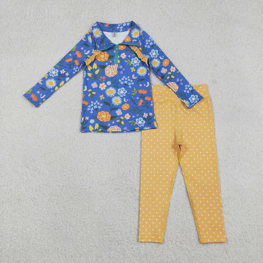 Baby Girls Kids Flowers Zipper Blue Pullover Dots Pants Yoga Active Clothes Set