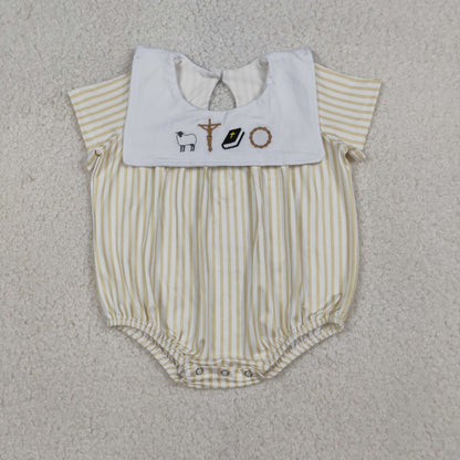 RTS Baby Boys Infant Short Sleeves Embroidery Crosses Stripes Easter Bubble Romper