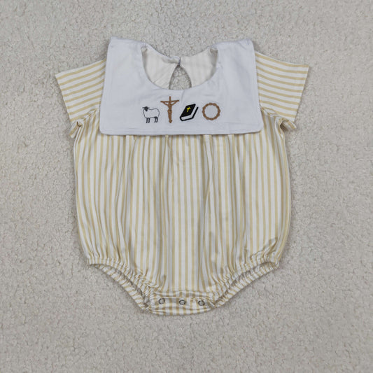 RTS Baby Boys Infant Short Sleeves Embroidery Crosses Stripes Easter Bubble Romper