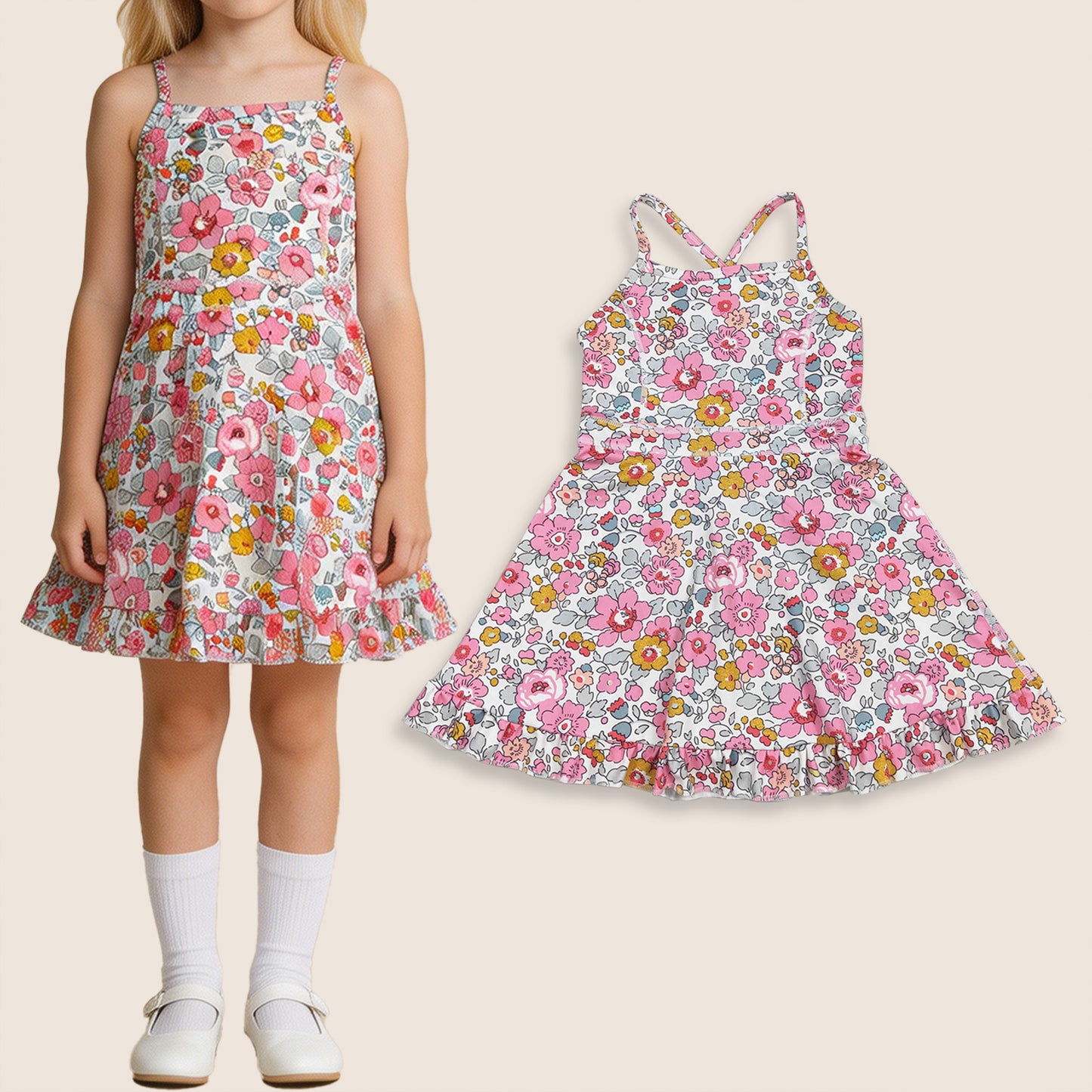 GSD2278 Baby Girls Kids Sleeveless Flower Shorts Knee Length Dress Yoga Pink Clothes