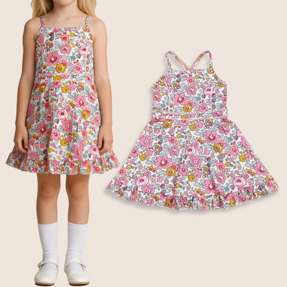 GSD2278 Baby Girls Kids Sleeveless Flower Shorts Knee Length Dress Yoga Pink Clothes