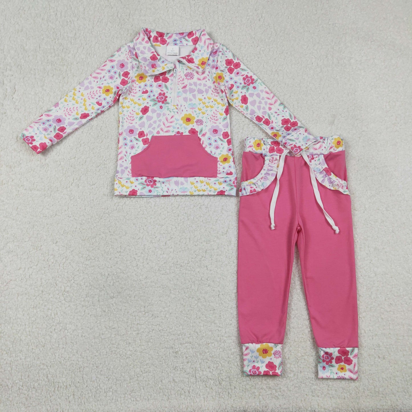 Baby Girls Flower Long Sleeves Zipper Shirt Ruffle Pockets Pink Pants Set