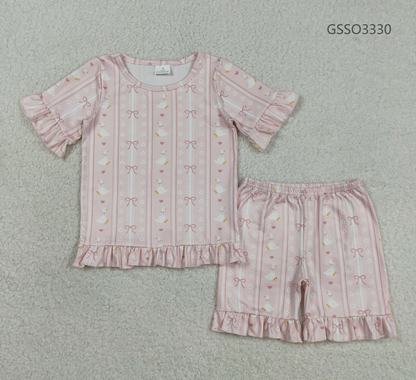 Baby Girls Kids Short Sleeves Goose Bows Hearts Flower Shirt Shorts Summer Set RTS