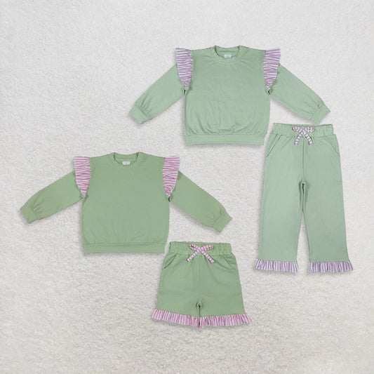 Sibling Baby Girls Kids Long Sleeves Shirts Pockets Shorts Pants Cotton Green Sets Clothes
