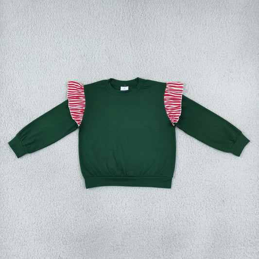 Baby Girls Toddler Stripes Ruffle Long Sleeves Green Shirt Cotton Tops Christmas Clothes